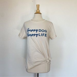 Happy Dog Happy Life Beige Knitted Short Sleeve Graphic Crewneck T-Shirt